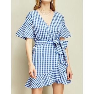 NWT MAX STUDIO Women Short Sleeve Blue/ Cream Gingham Ruffle Wrap Dress Size XS